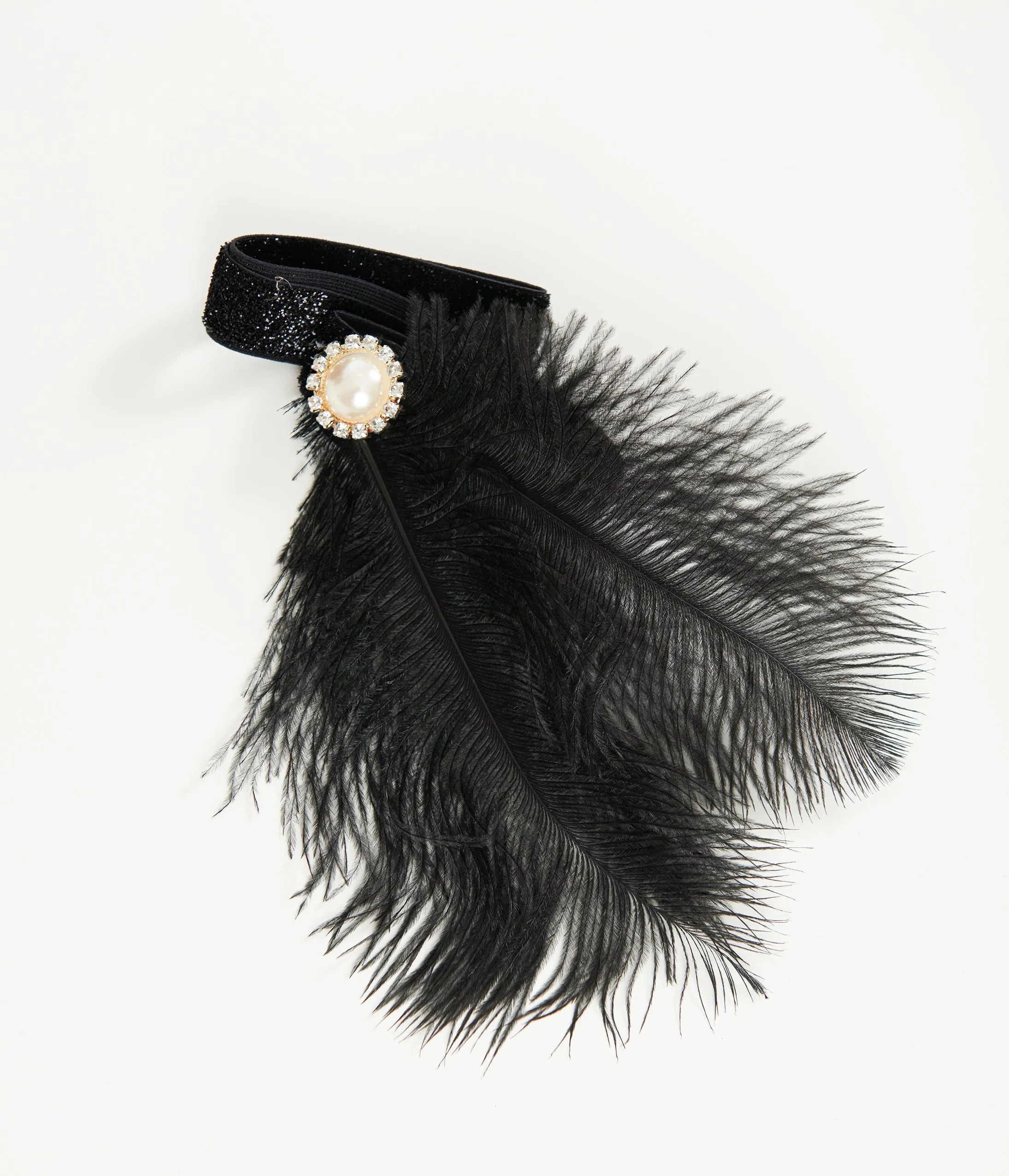 1920s Black Pearl Rhinestone Feathered Headband