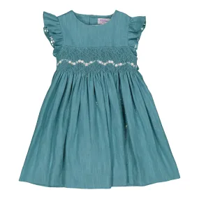 32061 EMELYNE SMOCKED DRESS Teal Linen