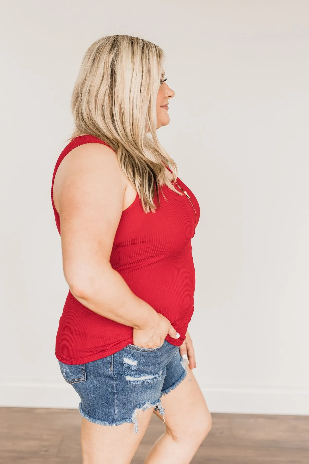 Red Zipper Henley Tank Top