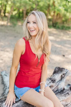 Red Zipper Henley Tank Top