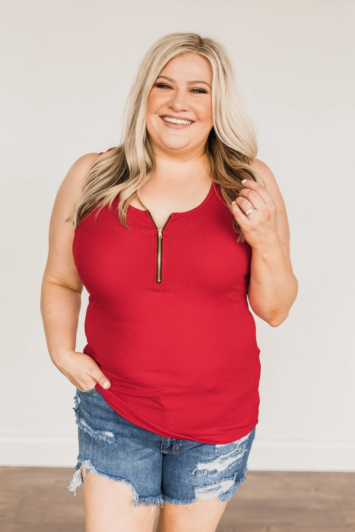 Red Zipper Henley Tank Top