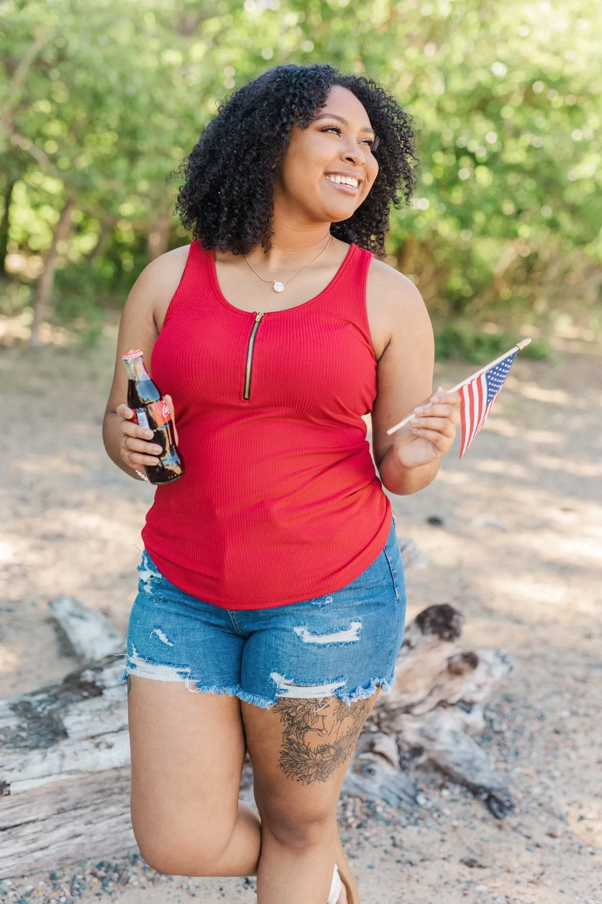 Red Zipper Henley Tank Top