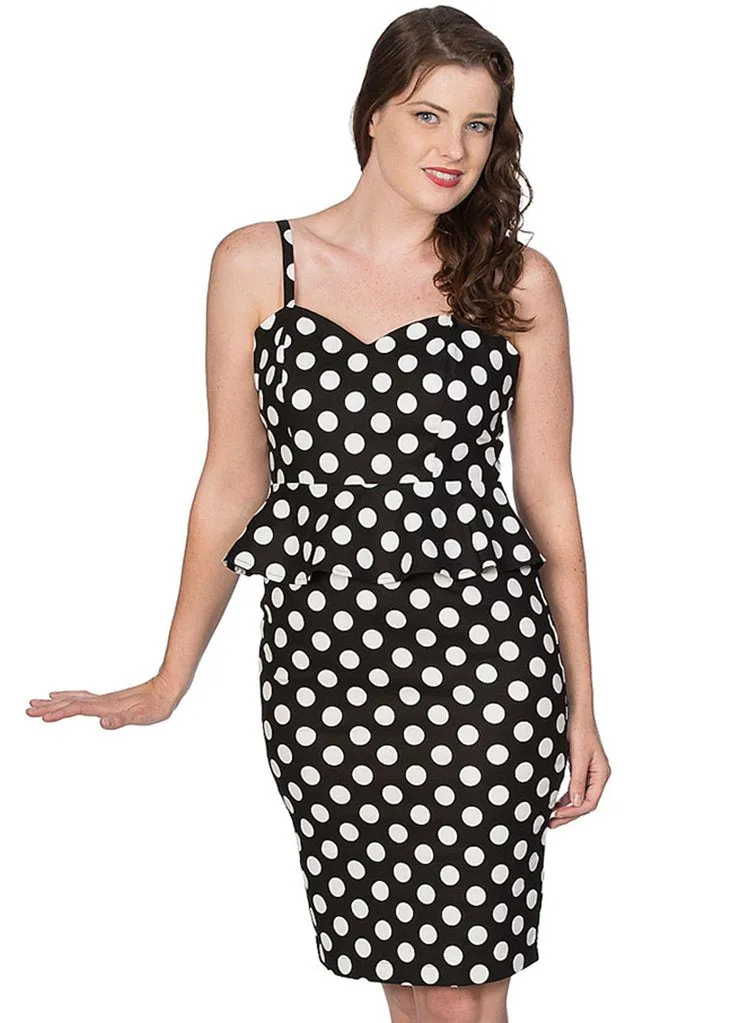 Black Banned Polkadot 50's Pencil Dress Peplum