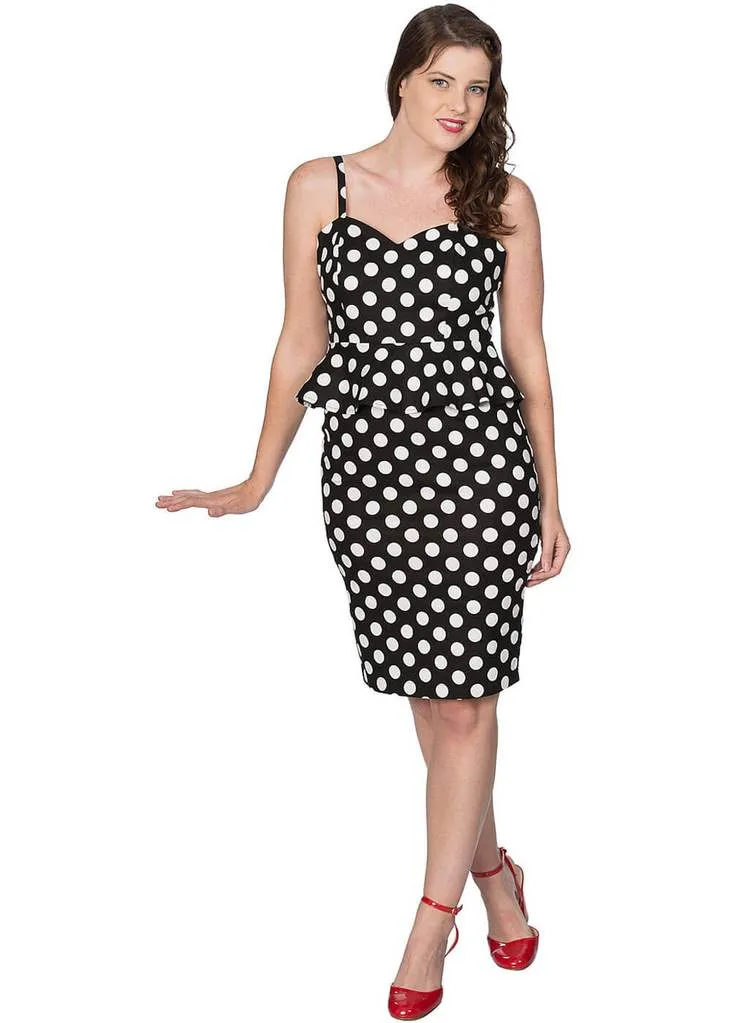 Black Banned Polkadot 50's Pencil Dress Peplum