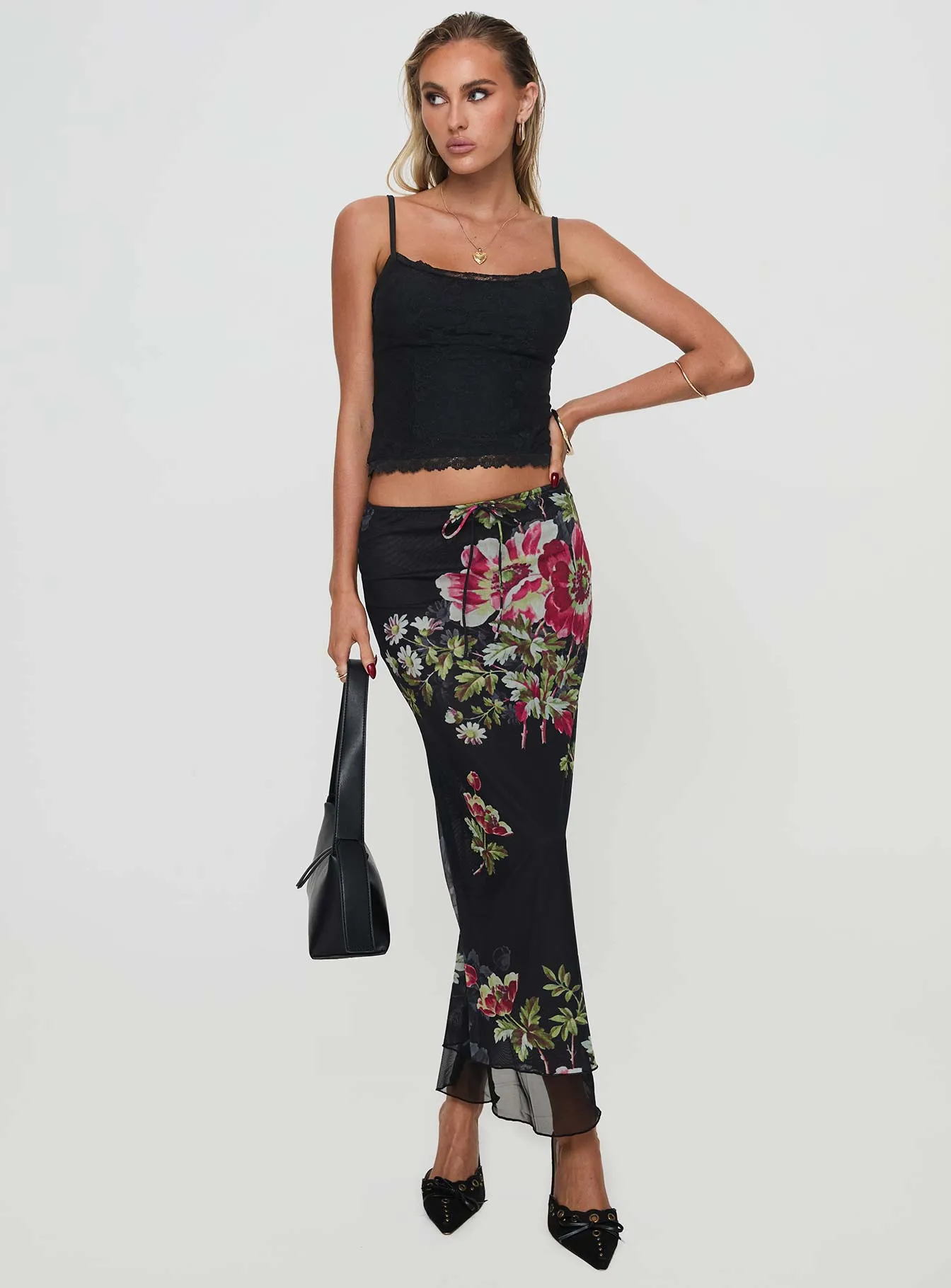 Paganio Black Floral Maxi Skirt