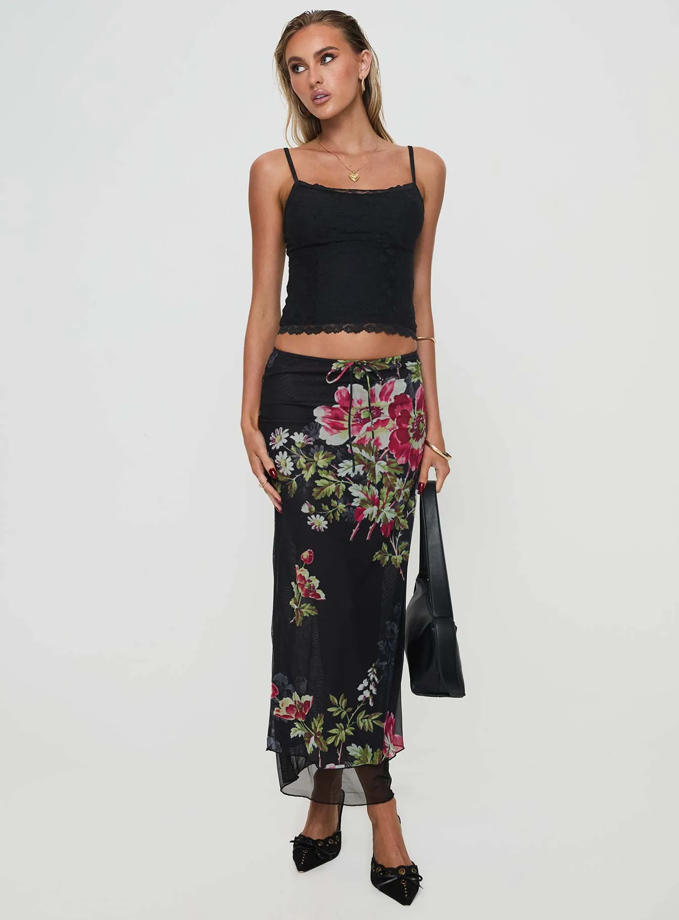 Paganio Black Floral Maxi Skirt