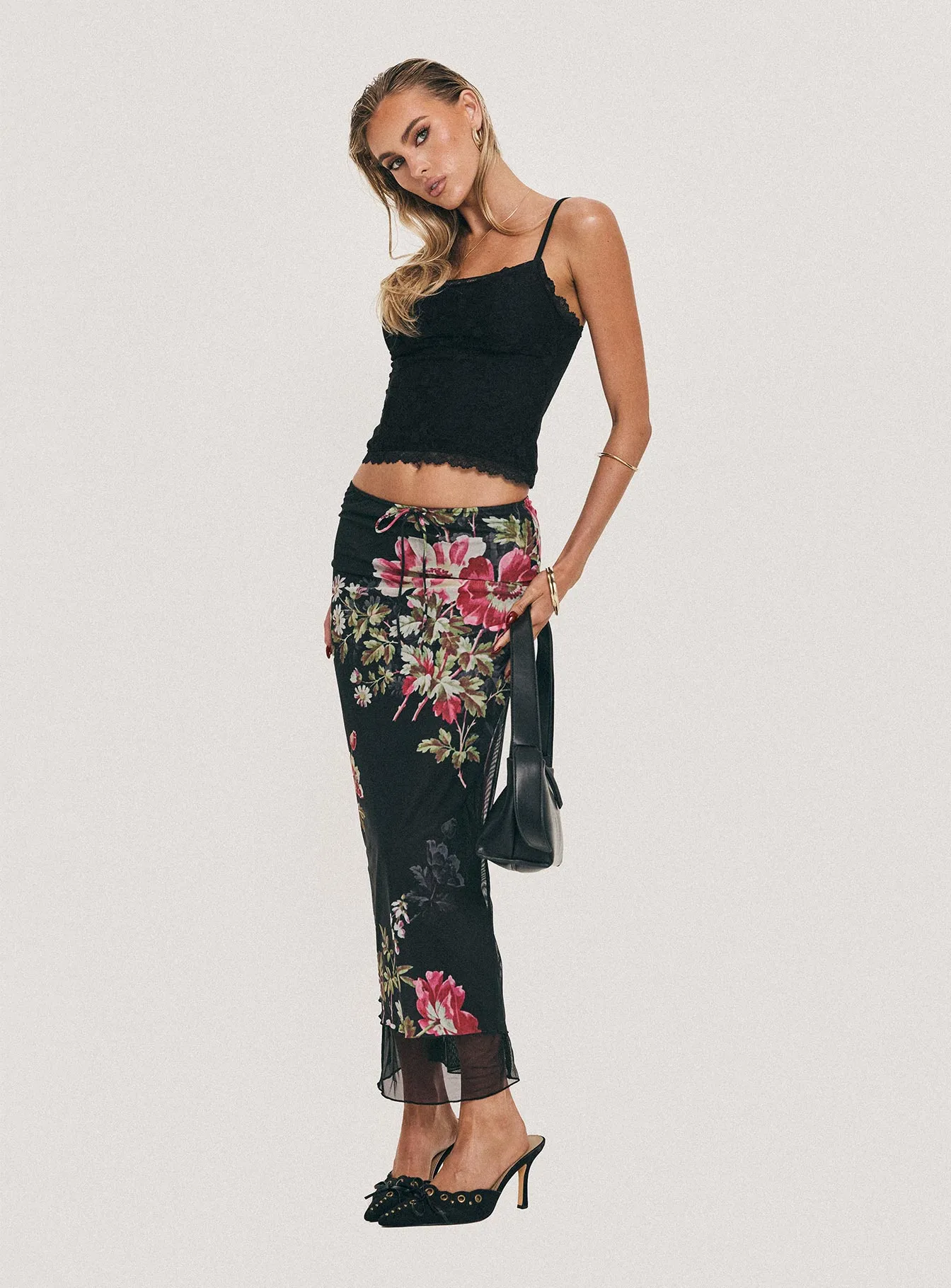 Paganio Black Floral Maxi Skirt