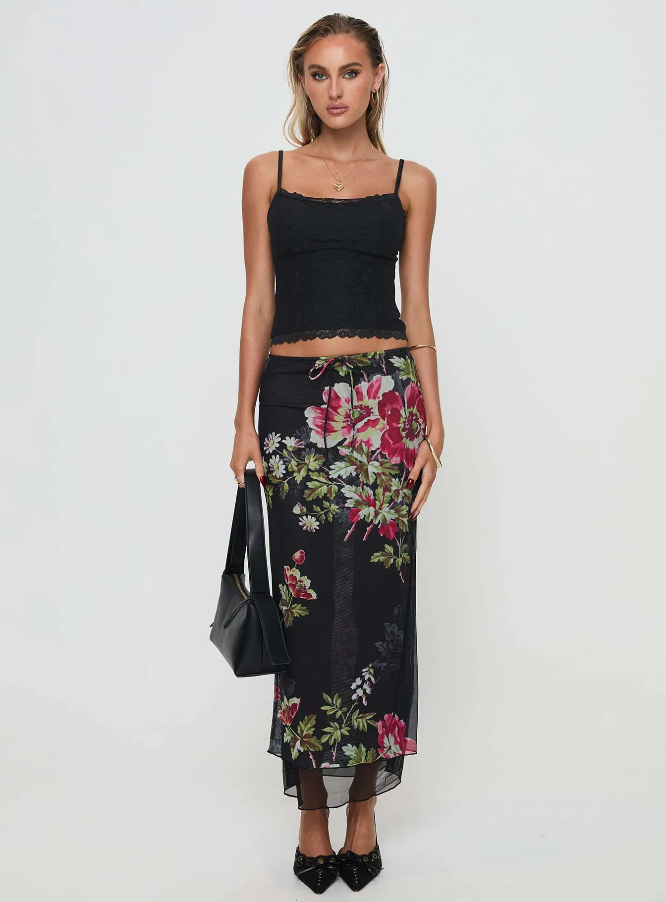 Paganio Black Floral Maxi Skirt