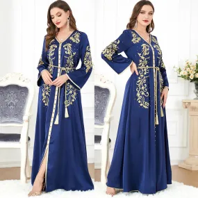 Elegant Belted Kaftan Morocco Dress with Embroidery for Women's Parties