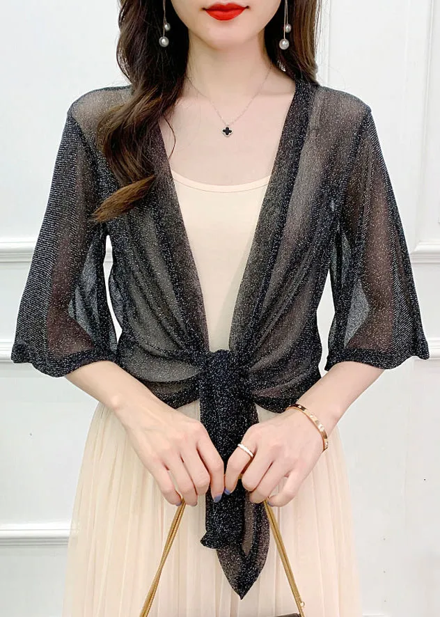 Black V Neck Lace Up Cardigans Thin Tulle Flare Sleeve AS1057