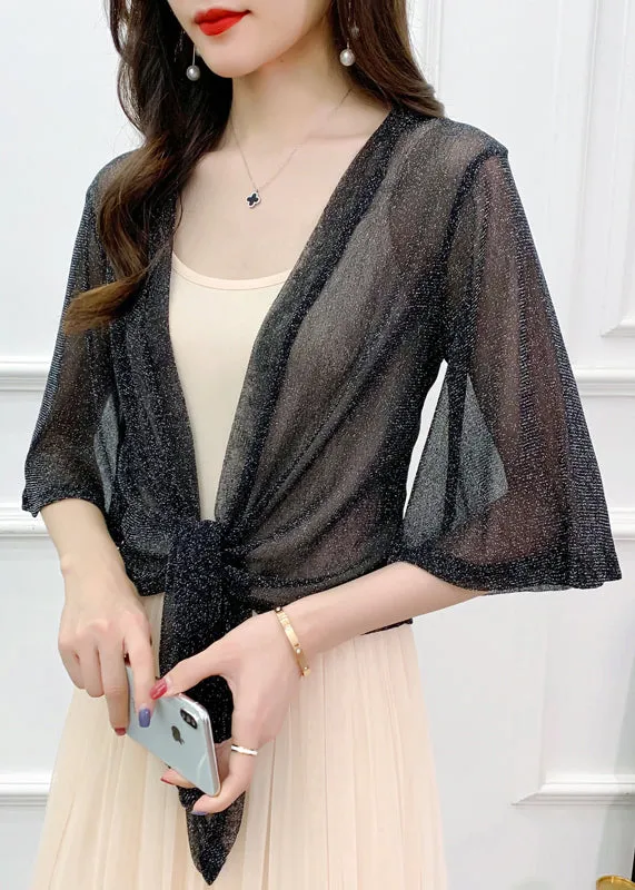 Black V Neck Lace Up Cardigans Thin Tulle Flare Sleeve AS1057