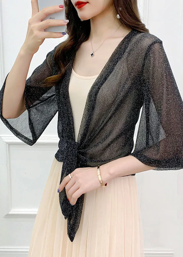 Black V Neck Lace Up Cardigans Thin Tulle Flare Sleeve AS1057