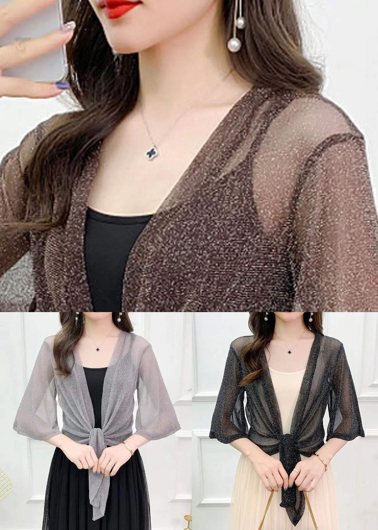 Black V Neck Lace Up Cardigans Thin Tulle Flare Sleeve AS1057