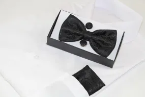 Black Paisley Bow Tie, Pocket Square & Cuff Links Set