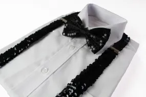 Black Sequin Patterned Suspenders & Bow Tie Set for Men