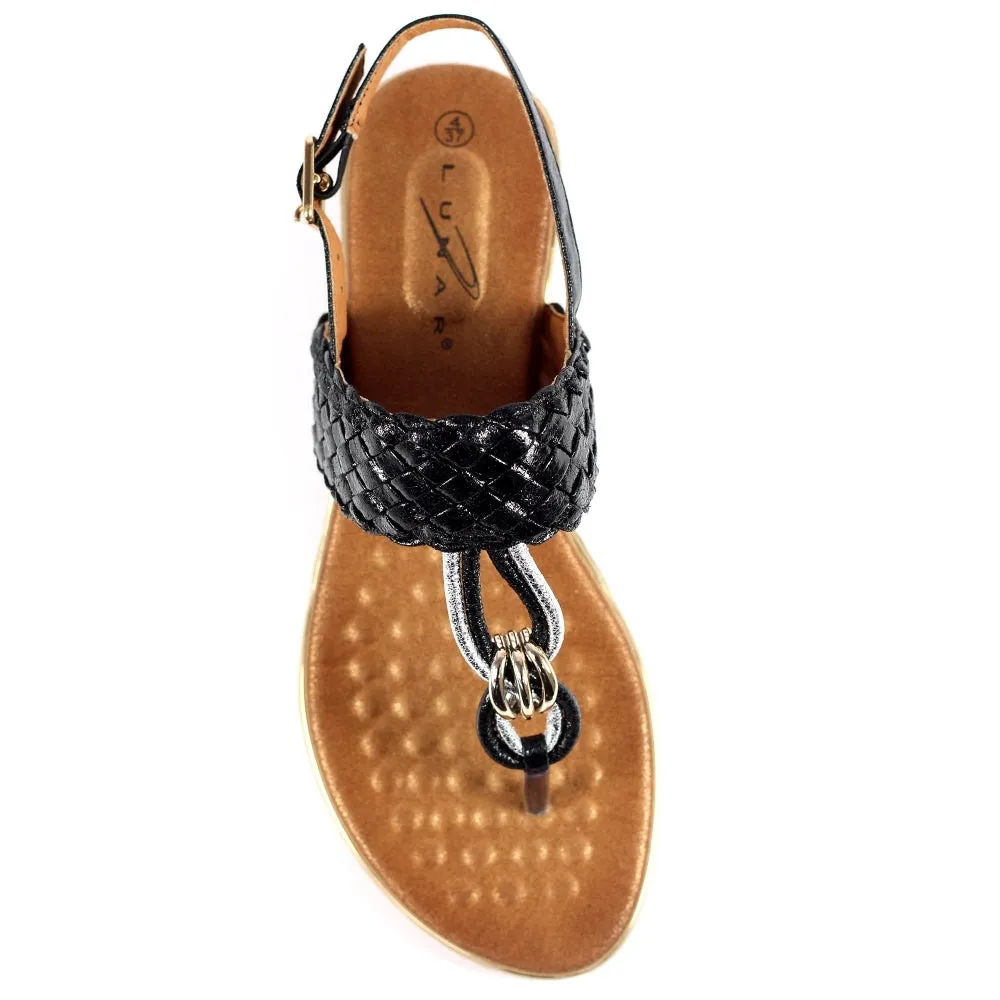 Black Soft Sandal with T Bar by Ladies Lunar