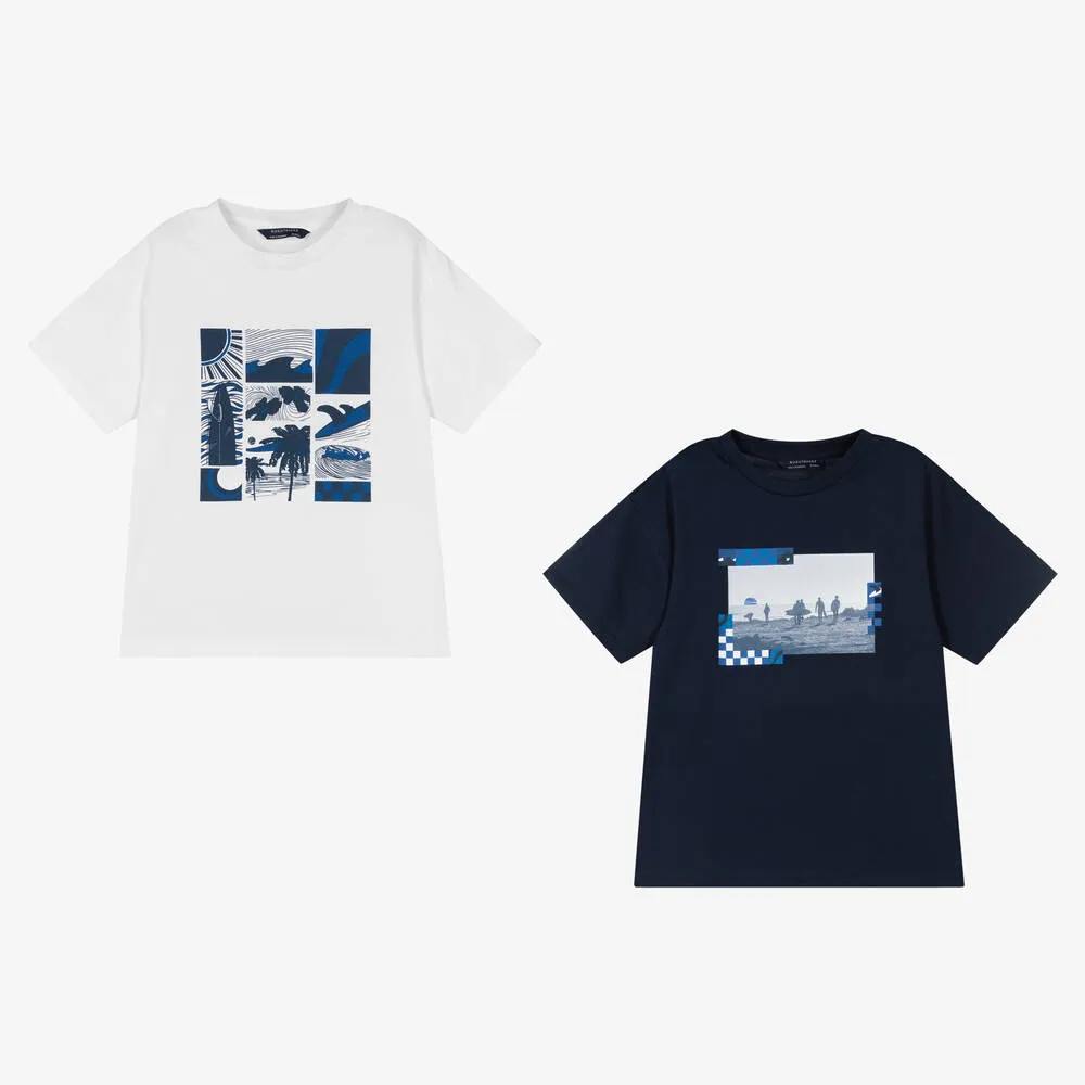 Boys Blue White Cotton T-shirts Pack of 2