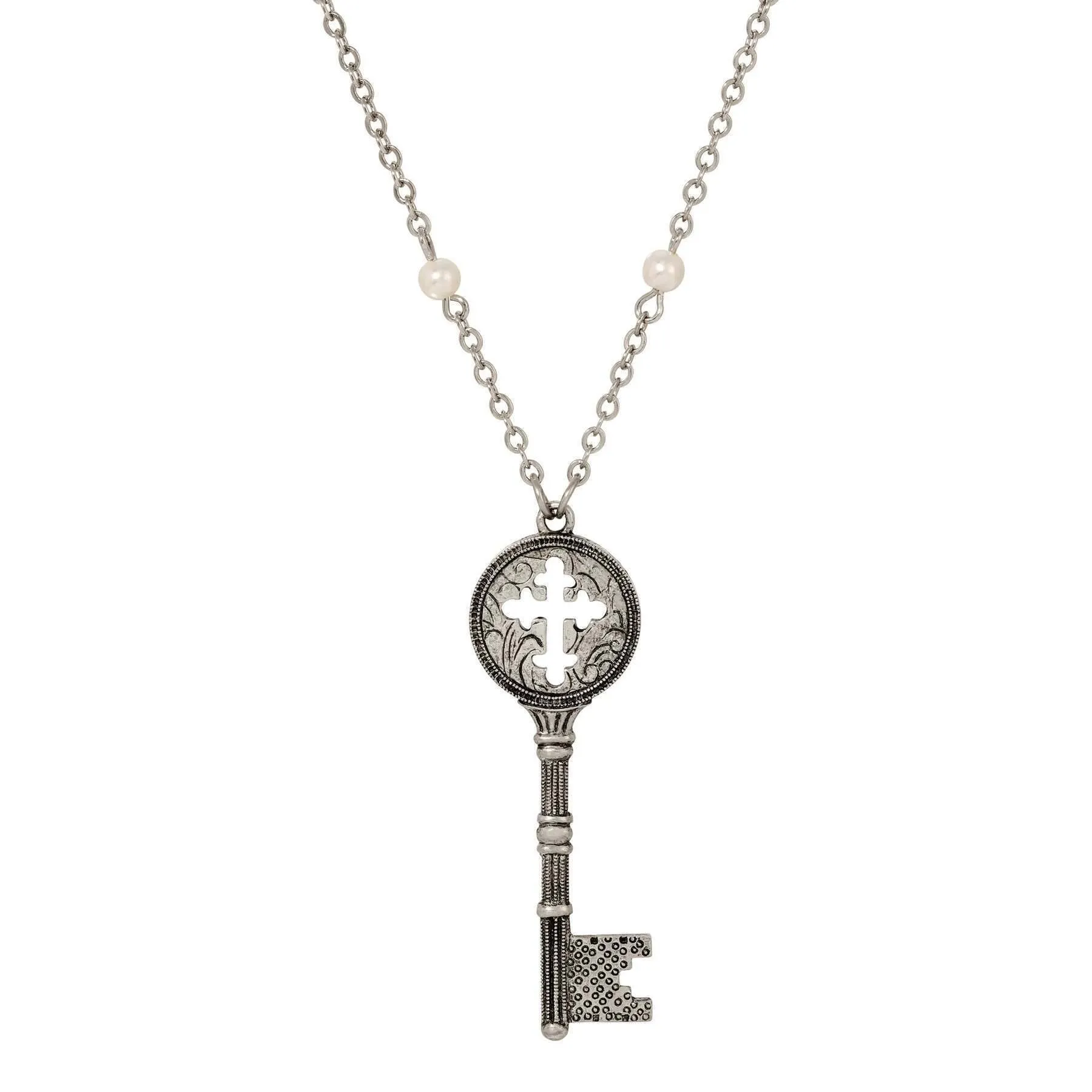 Symbols Faith Budded Cross Key Pendant Faux Pearl Accent Necklace 28L