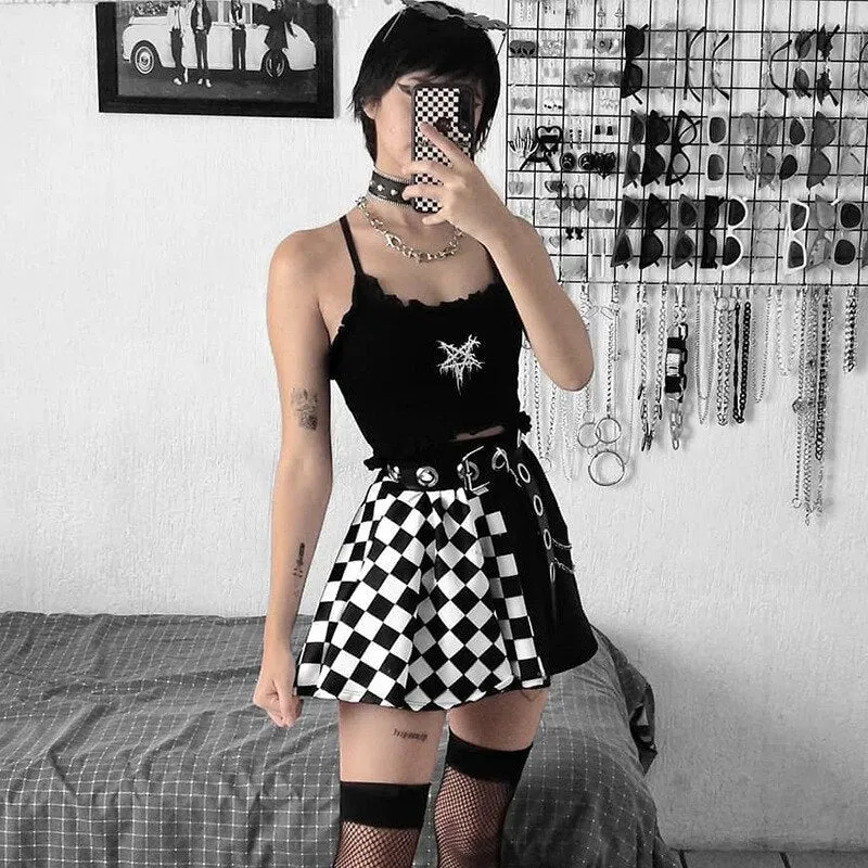 Checkered Gothic Women's Skirt Patchwork Plaid Mini Skirt Red Spring Autumn Hip Hop Girl Punk Goth Clubwear