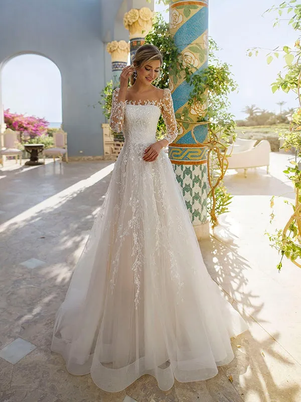 Elegant Illusion A-line Wedding Dress with Long Sleeves and Applique