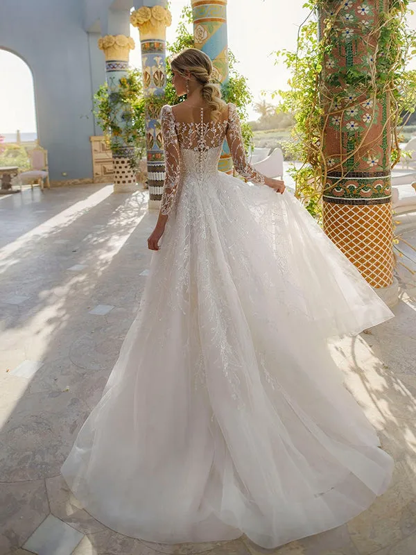 Elegant Illusion A-line Wedding Dress with Long Sleeves and Applique