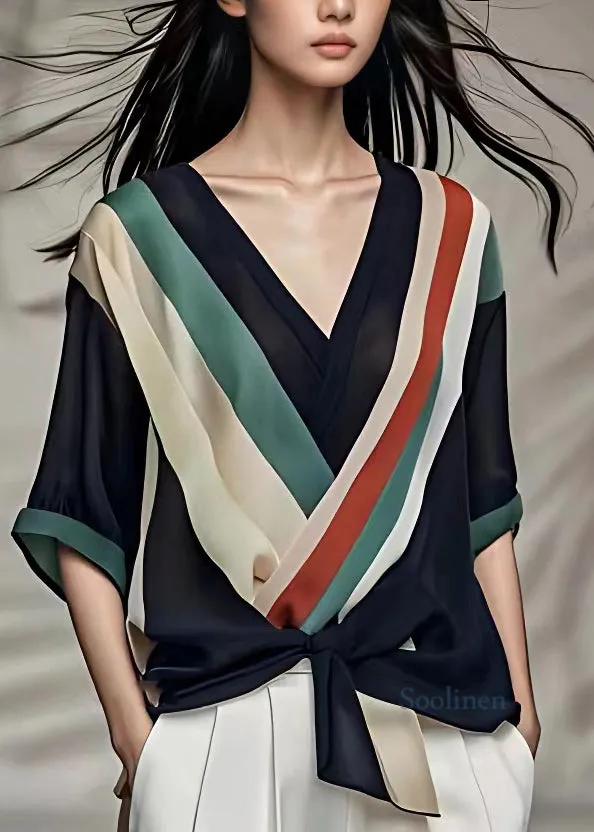 Chic Colorblock Tie-Waist Chiffon Shirts for Fall