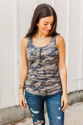 Camo Zipper Henley Tank