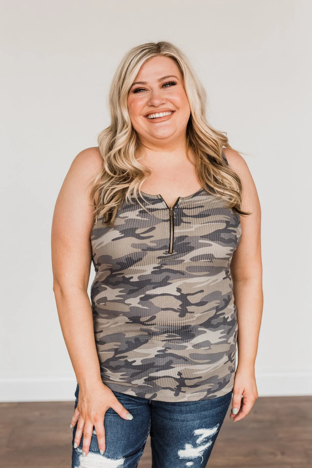 Camo Zipper Henley Tank