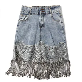 High Waist Beaded Tassel Denim Mini Skirt