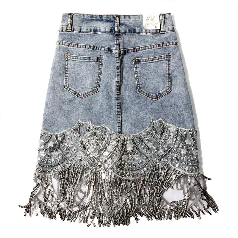 High Waist Beaded Tassel Denim Mini Skirt