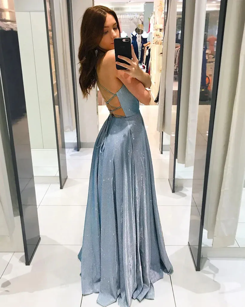 Aqua Blue Evening Prom Dress with Sexy Deep V-neck and A-line Design, OL033