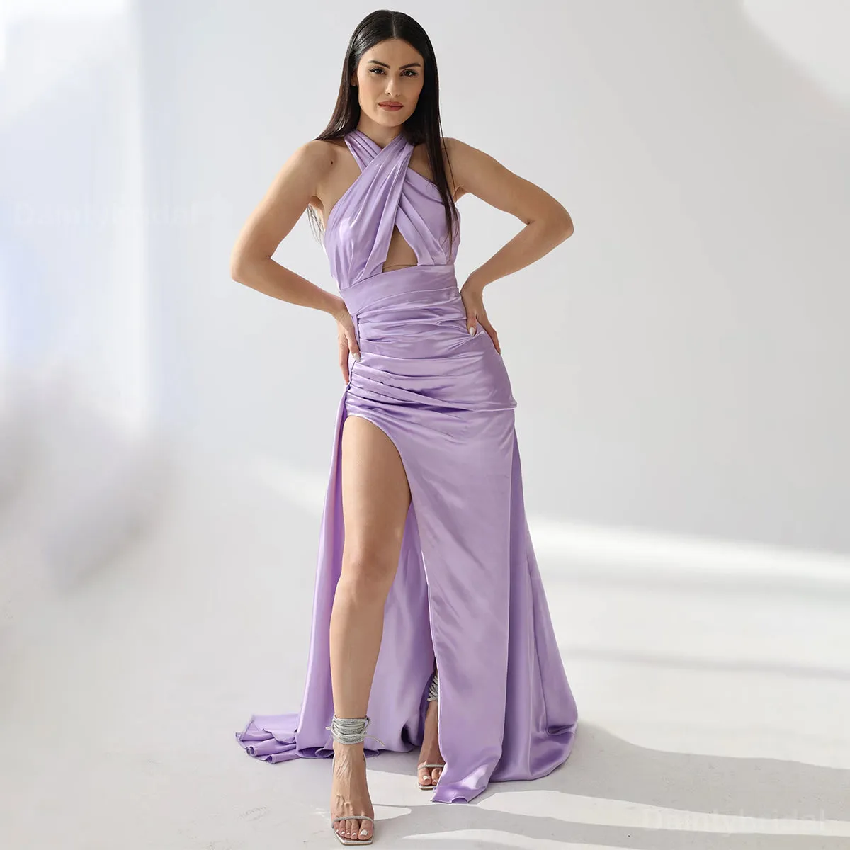 Lilac Mermaid Bridesmaid Dress with Elegant Halter and Side Slit - Online, BG765