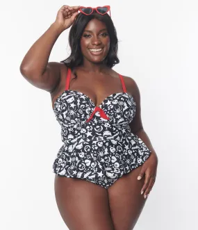 Emily The Strange Unique Vintage Plus Size Black & White Tankini Swim Top