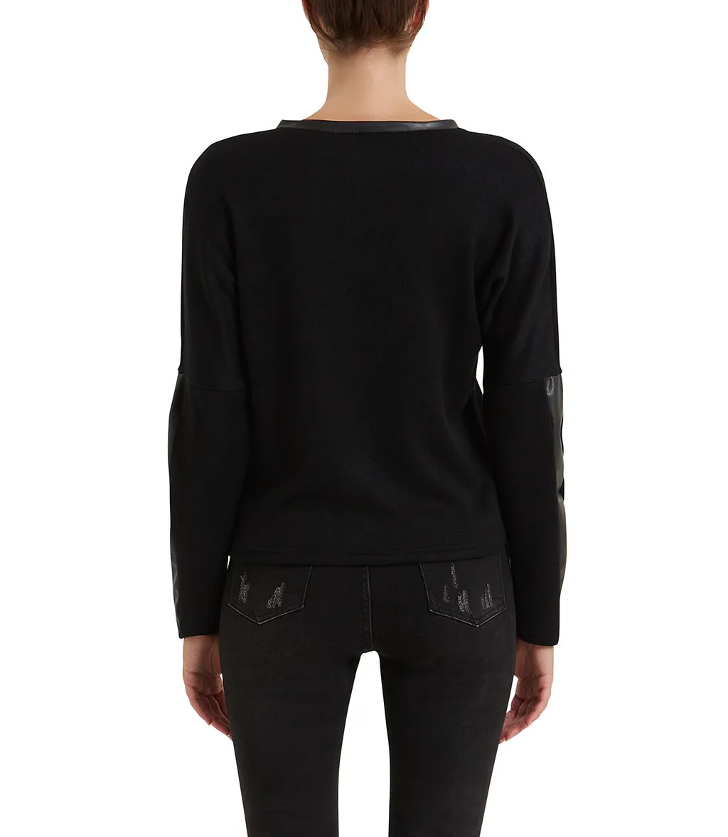 Faux Leather and Viscose-Blend Black Blouse