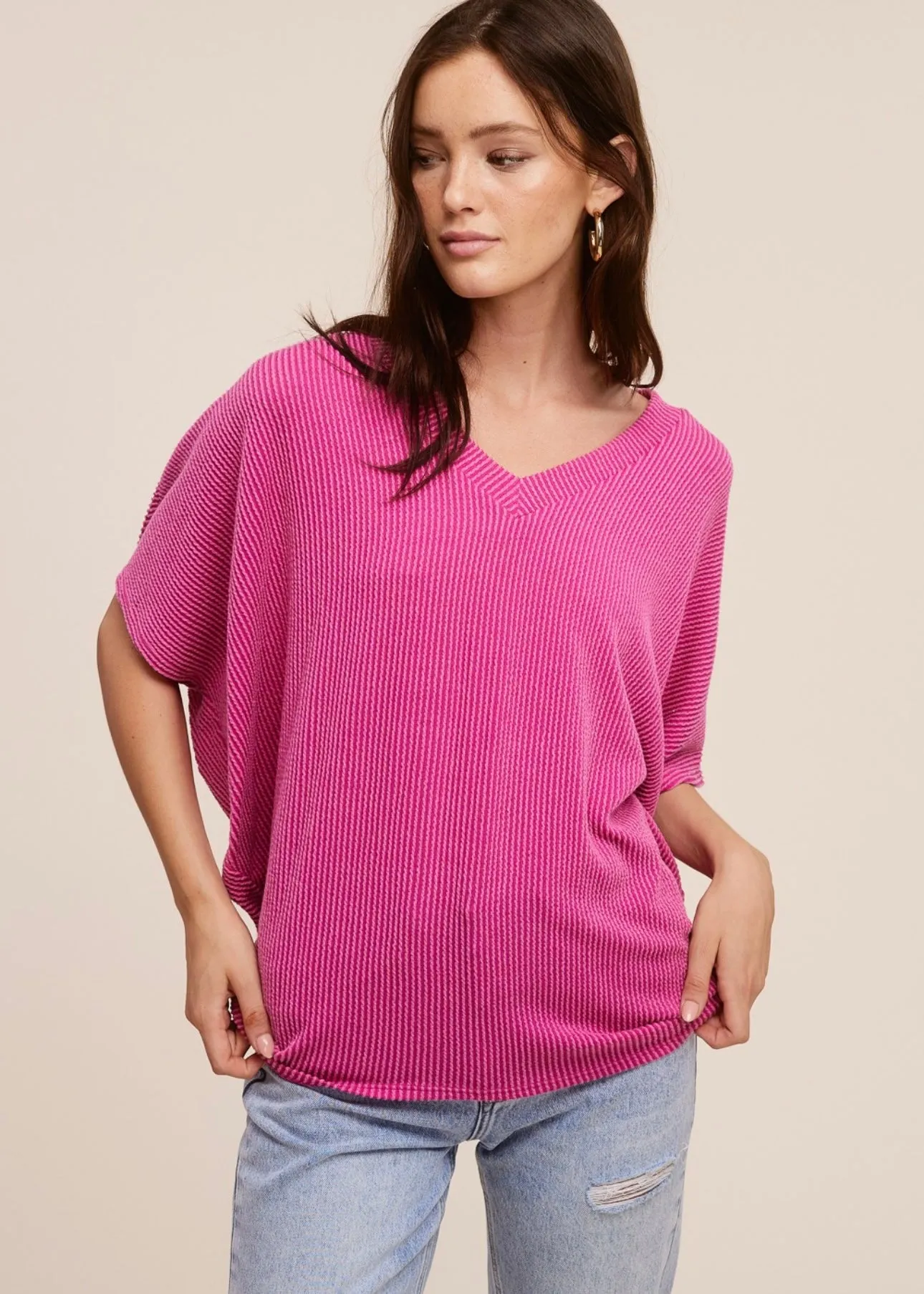 Ribbed V-Neck Dolman Tops on Final Sale - 2 Colors