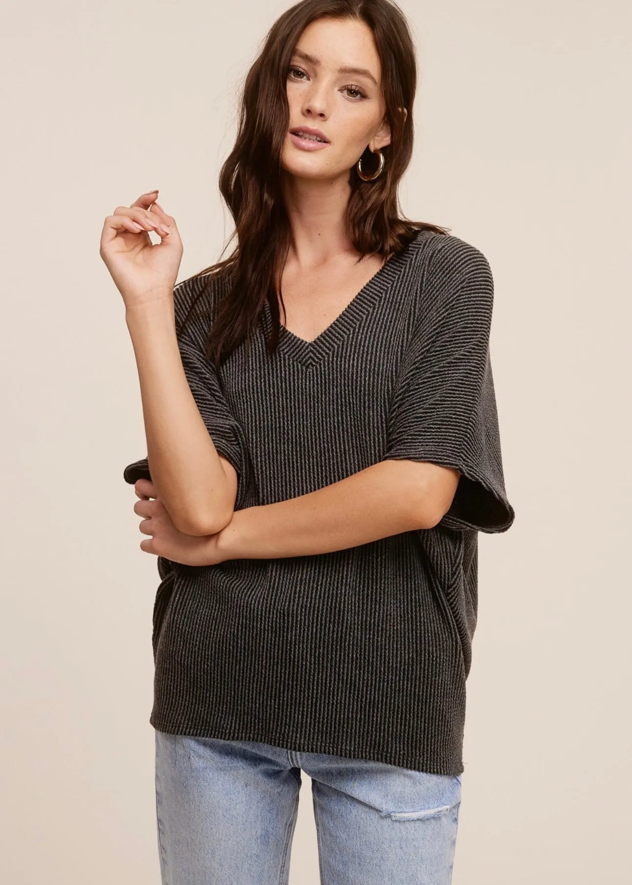 Ribbed V-Neck Dolman Tops on Final Sale - 2 Colors