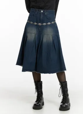 Flare Pleated Midi Denim Skirt CM413