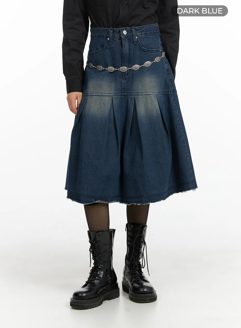 Flare Pleated Midi Denim Skirt CM413