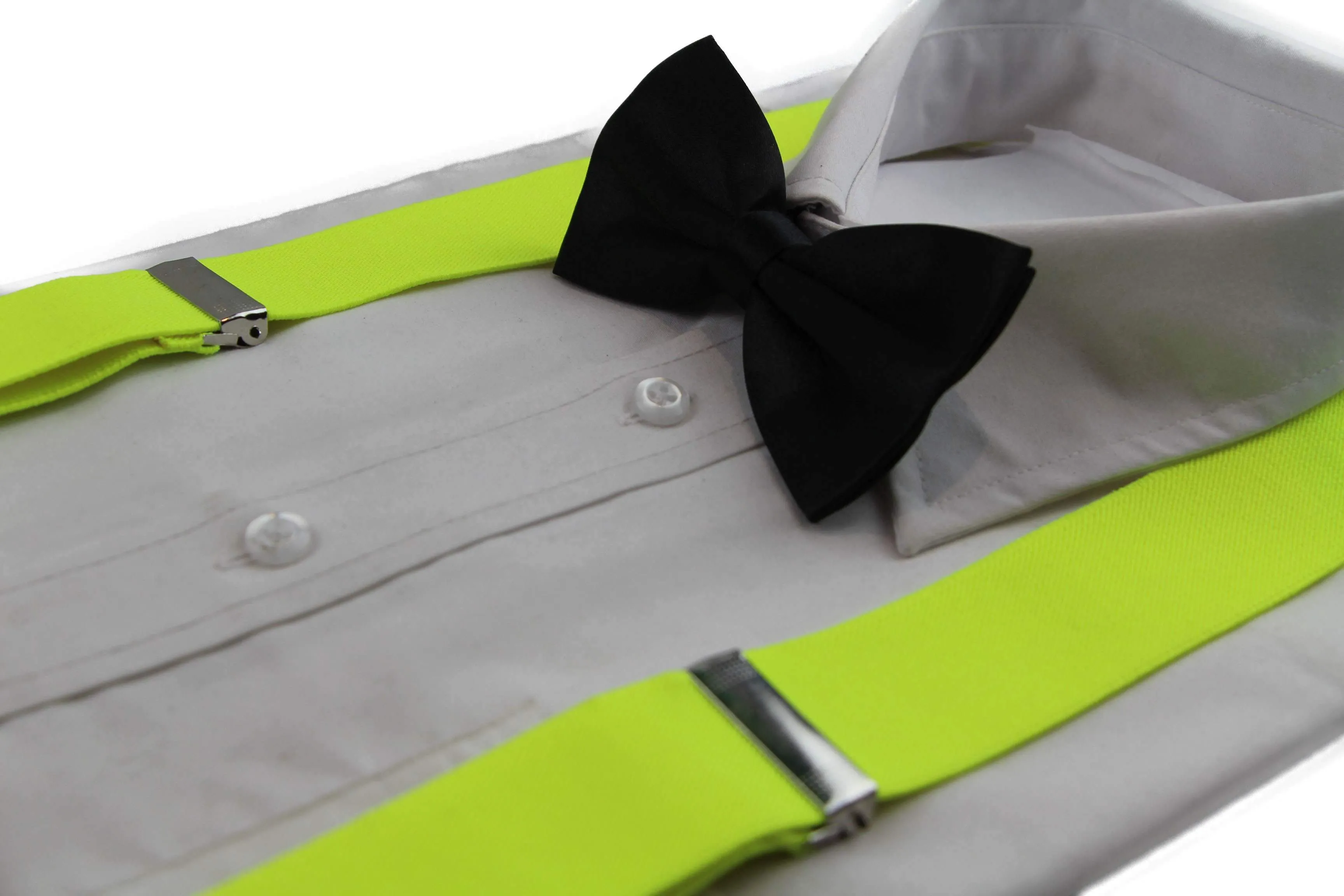 Fluro Yellow 100cm Wide Suspenders & Black Bow Tie Set for Men