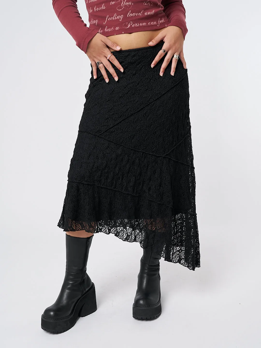 Black Asymmetric Midi Skirt with Lace