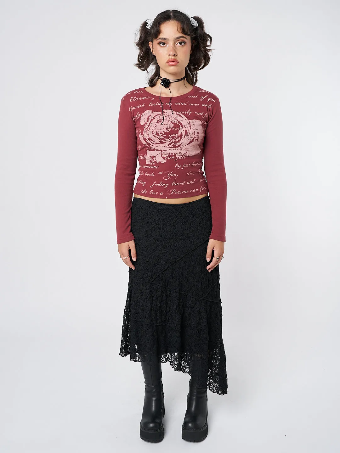 Black Asymmetric Midi Skirt with Lace