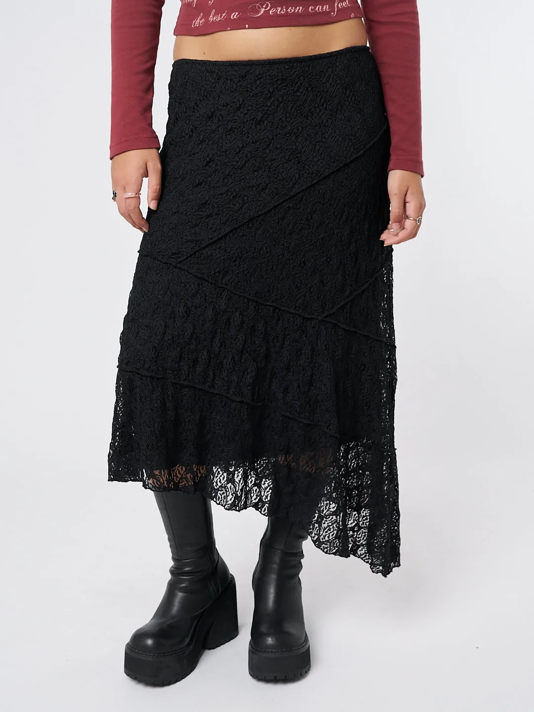 Black Asymmetric Midi Skirt with Lace