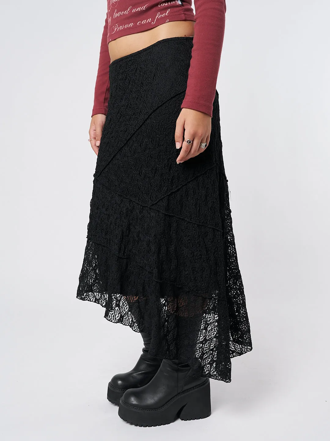 Black Asymmetric Midi Skirt with Lace