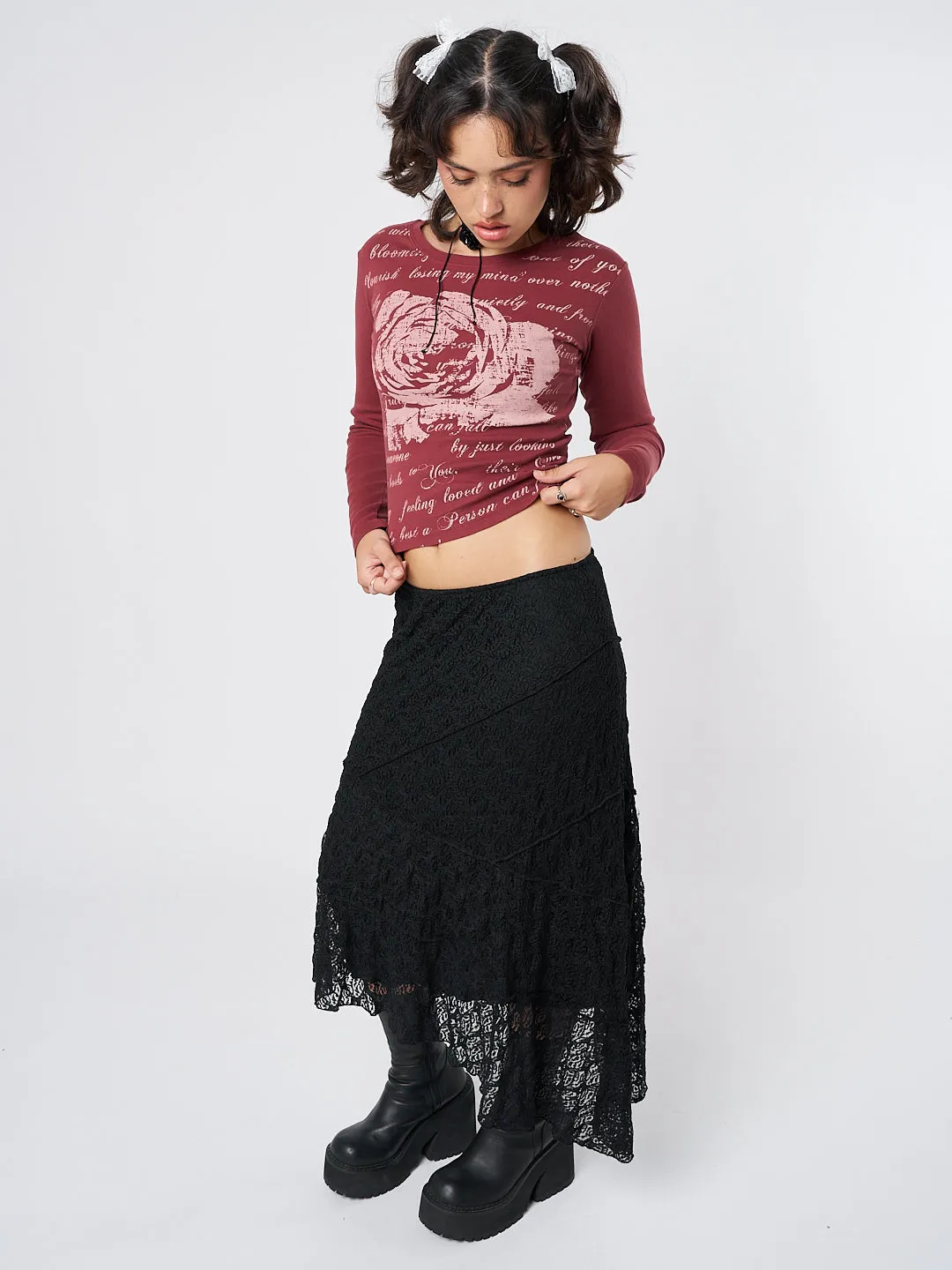 Black Asymmetric Midi Skirt with Lace