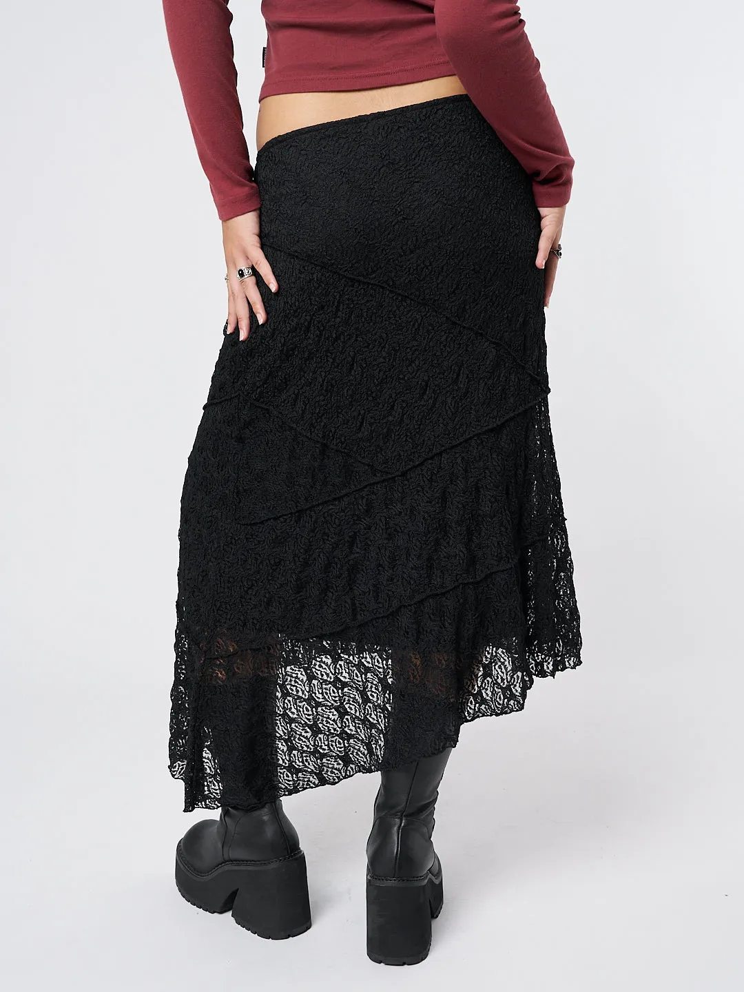 Black Asymmetric Midi Skirt with Lace