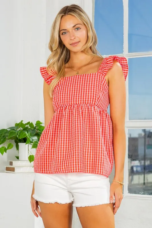 Gingham Top Ruffle Sleeve Tie Back