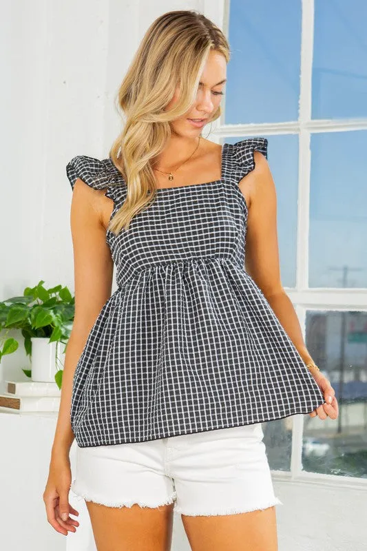 Gingham Top Ruffle Sleeve Tie Back