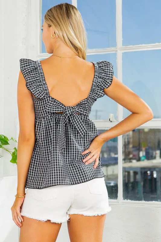 Gingham Top Ruffle Sleeve Tie Back