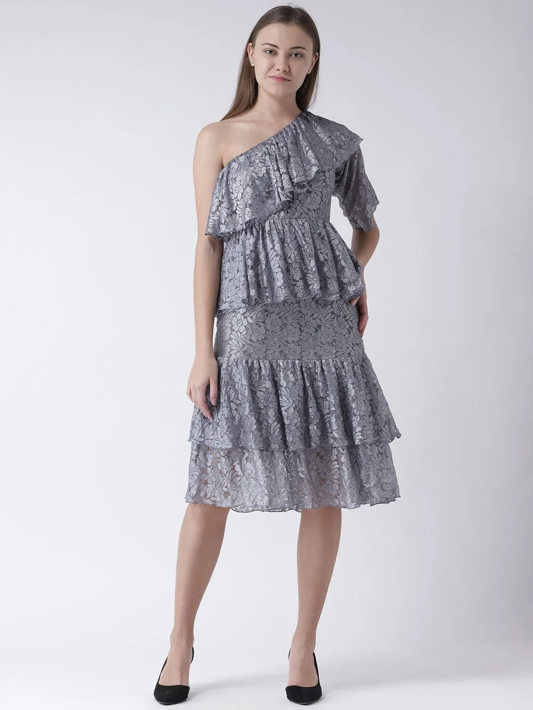 Grey Lace Dress with Ruffle & Added Flare