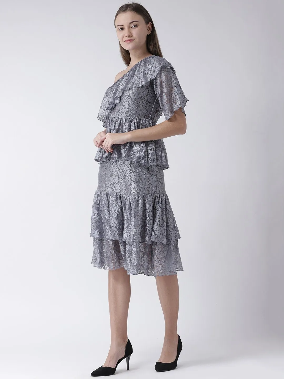 Grey Lace Dress with Ruffle & Added Flare